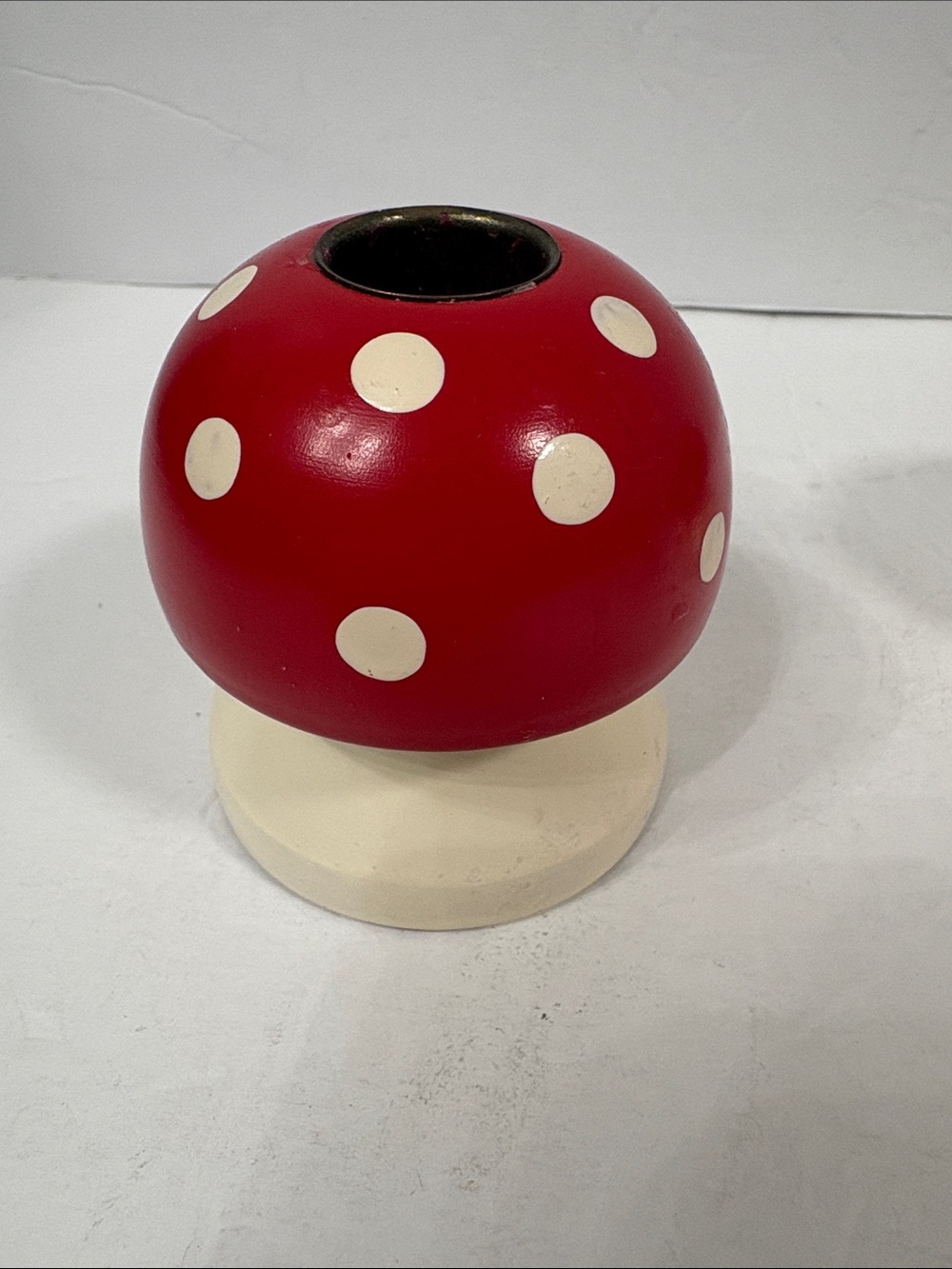 Vintage set of 6 turned wood Fly Agaric Mushroom candlestick holders H~3"Sweden